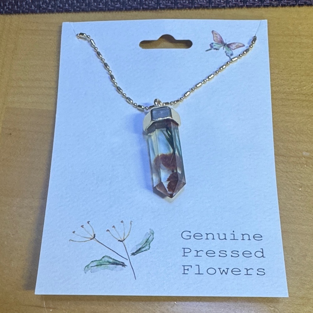Gold Necklace with Pressed Flowers Pendant